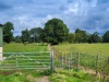 Off-route at 8.8 km There is footpath signage on the fence some distance beyond the kissing gate at the end of the farm, visible above the metal gatepost.